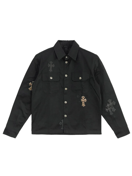 Chrome Hearts Work Dog Leopard Pattern & Black Leather Cross Patch Shirt Jacket Black with Silver Buttons