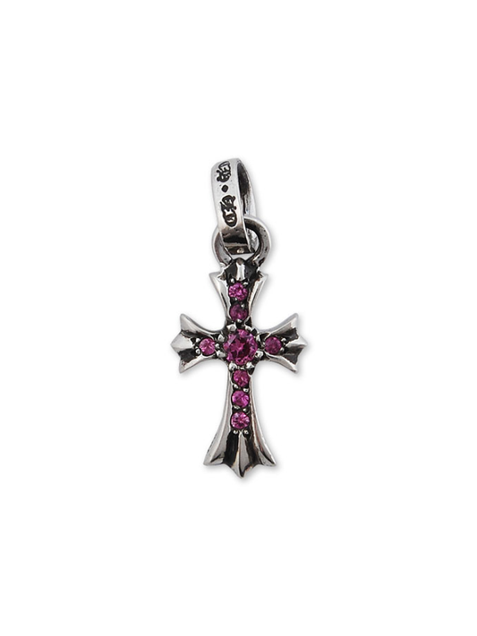 Chrome Hearts Pink Diamond Baby Fat Tiny Cross Silver Pendant