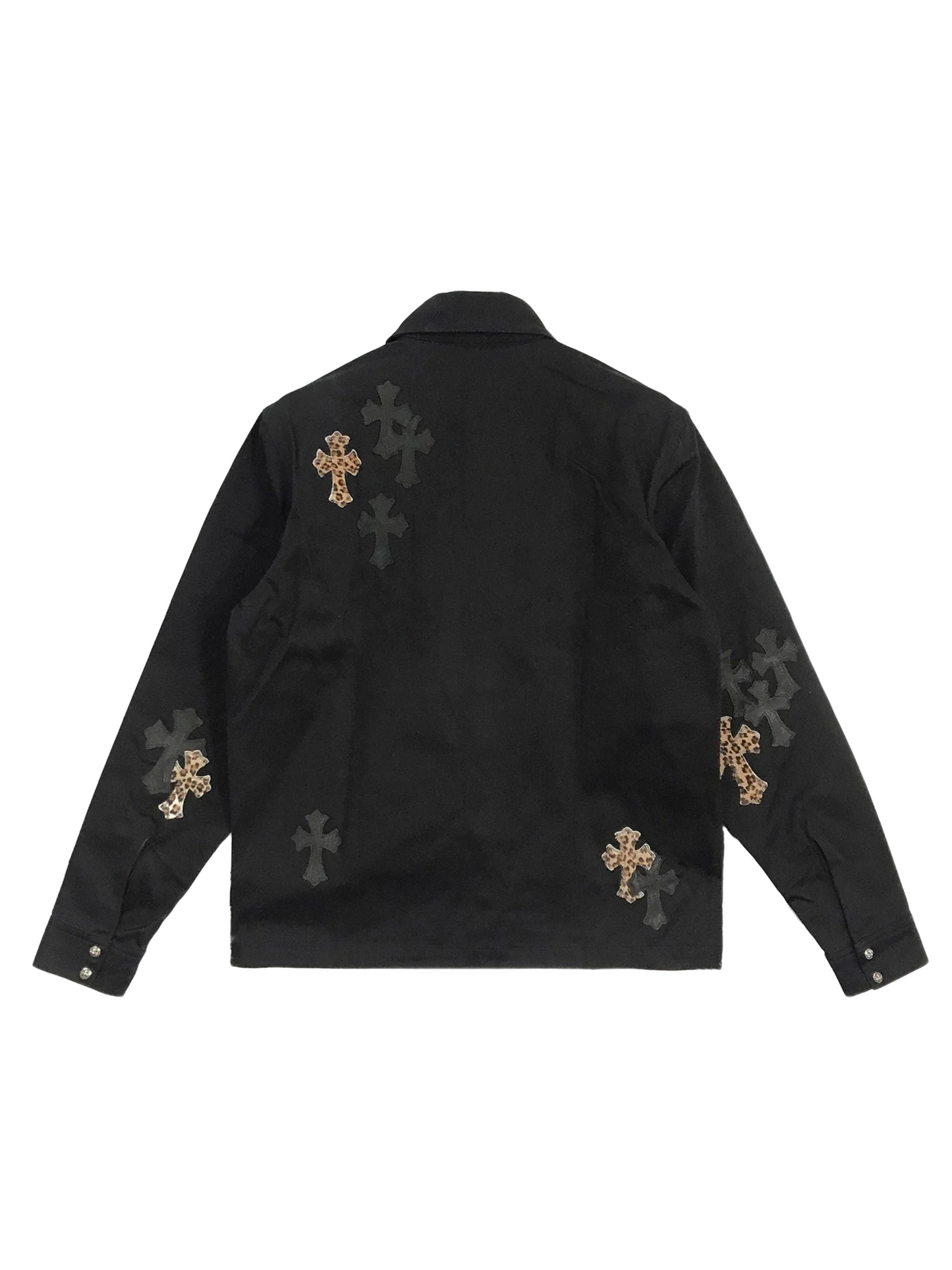 Chrome Hearts Work Dog Leopard Pattern & Black Leather Cross Patch Shirt Jacket Black with Silver Buttons