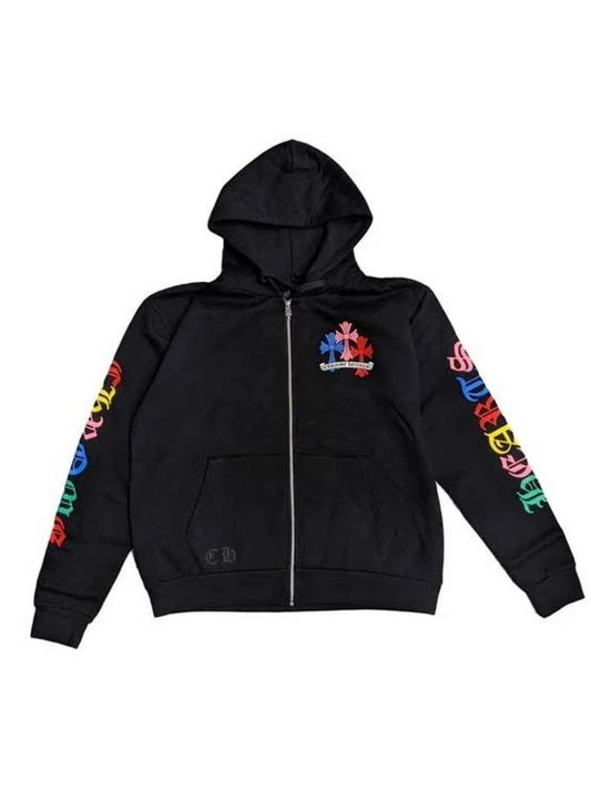 Chrome Hearts Multicolor Cross Cemetery Black Zip Hoodie