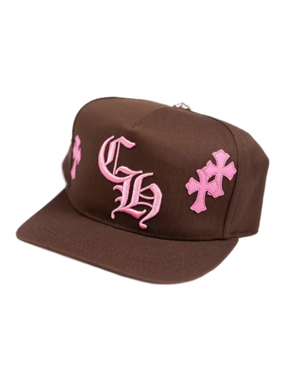 Chrome Hearts CH Logo Cross Pink Patches Baseball Cap Brown