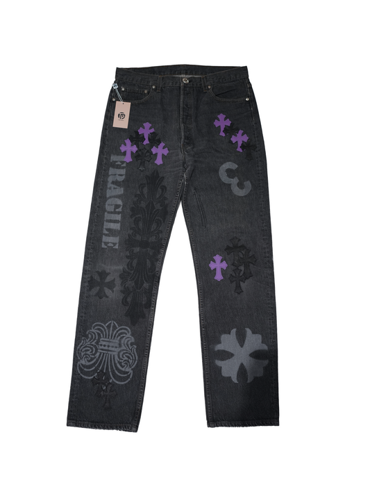 Chrome Hearts Limited Wash Gray Spray Purple Cross Jeans