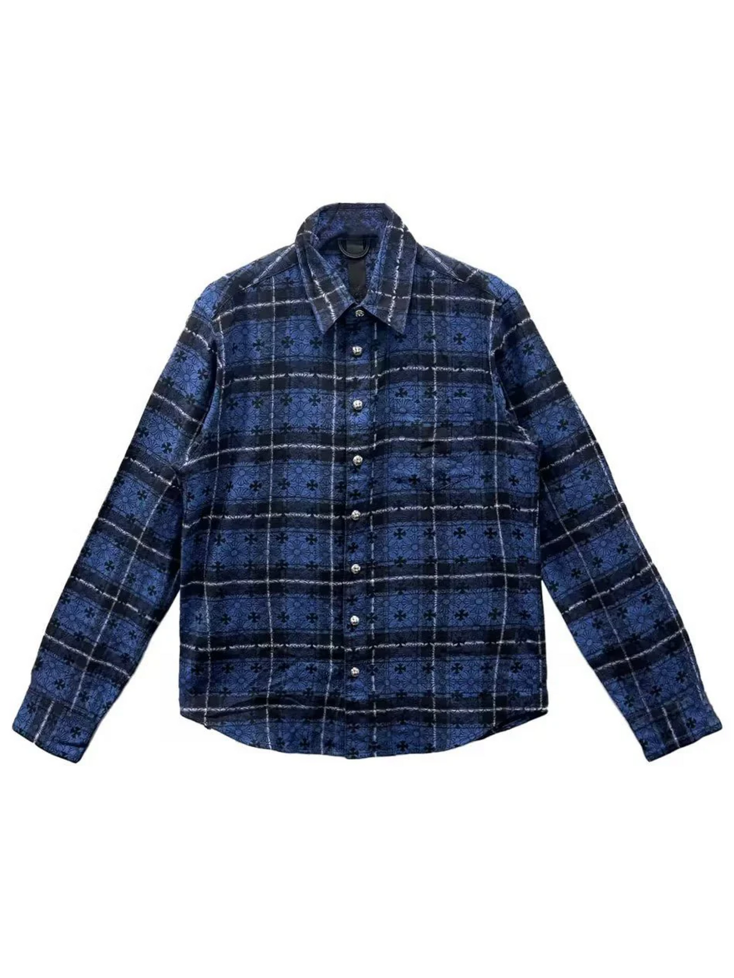 Chrome Hearts Black Mongram Cross Silver Button Flannel Shirt Blue