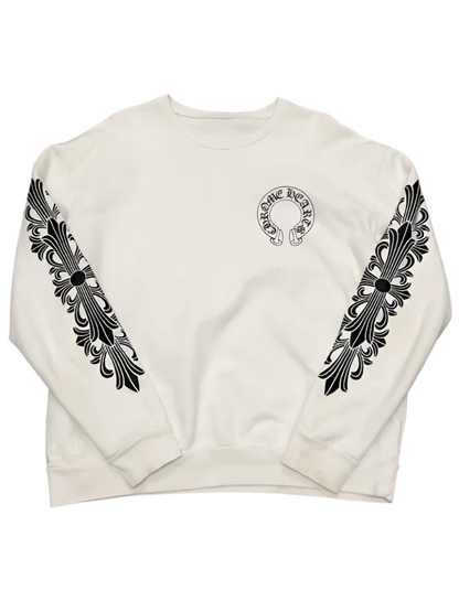 Chrome Hearts Horseshoe Back with Floral Sleeve Crewneck White