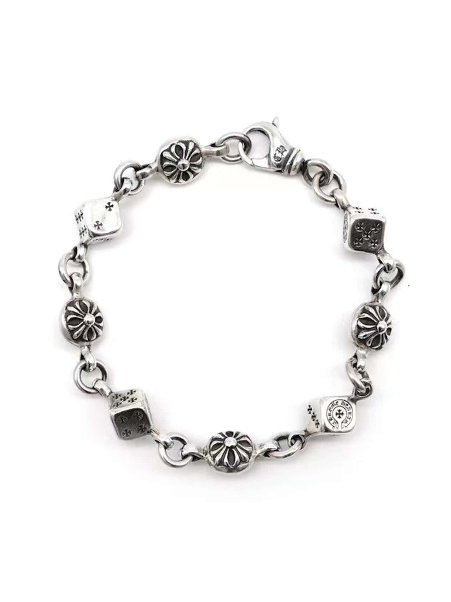 Chrome Hearts Silver Dice Cross Ball Lobster Clasp Bracelet